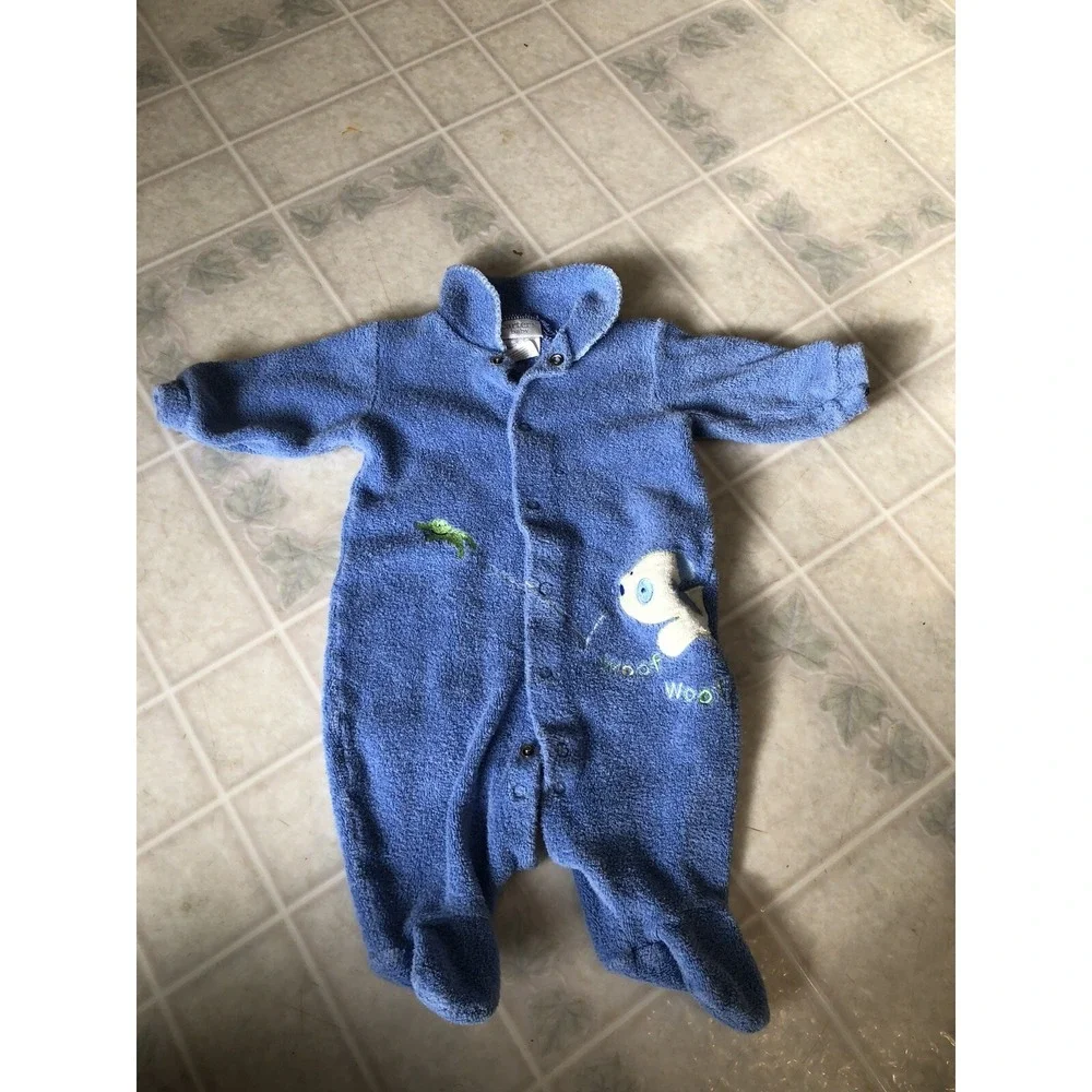 Vintage Carter's Baby 0-3 Month Small blue Sleeper embroidered puppy dog Woof